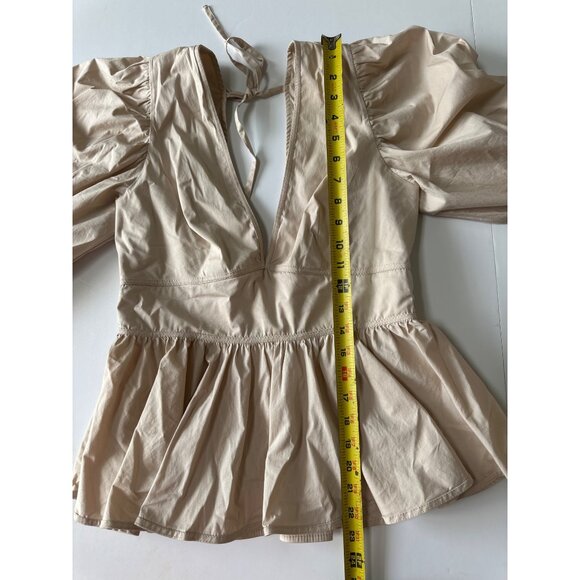 Staud Beige Peplum Blouse With Puff Sleeves & V-Neckline Size S - Picture 7 of 12